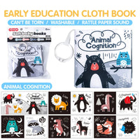 HKM-210643 Soft Cloth Book Toy for Autistic Children Featuring Black and White Cartoon Animals, Educational and Soothing, 12x12cm