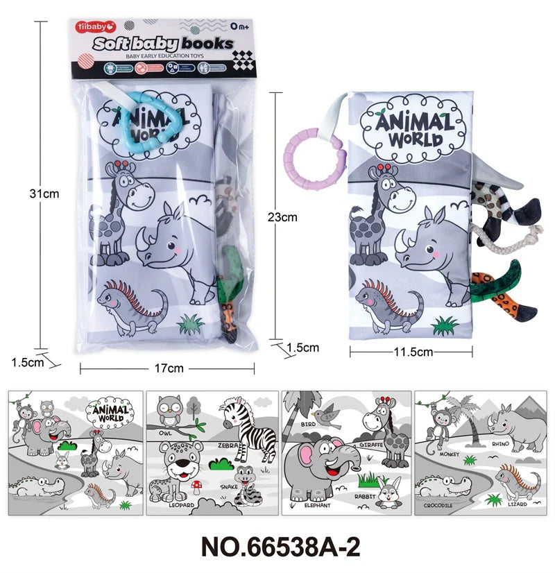 HKM-210643 Soft Cloth Book Toy for Autistic Children Featuring Black and White Cartoon Animals, Educational and Soothing, 12x12cm