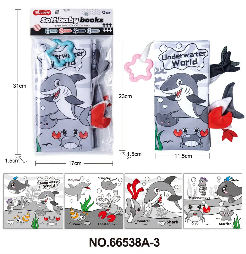 HKM-210643 Soft Cloth Book Toy for Autistic Children Featuring Black and White Cartoon Animals, Educational and Soothing, 12x12cm