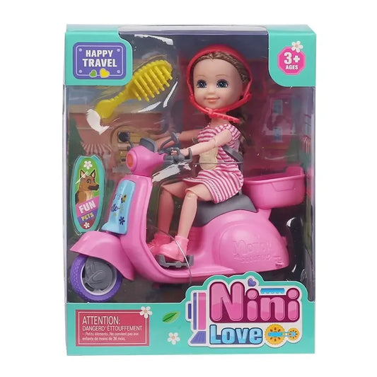 HKM-210707 6-Inch Mini Fashion Doll Ride-On Car Toy Set for Girls, Battery Operated, Educational Fun