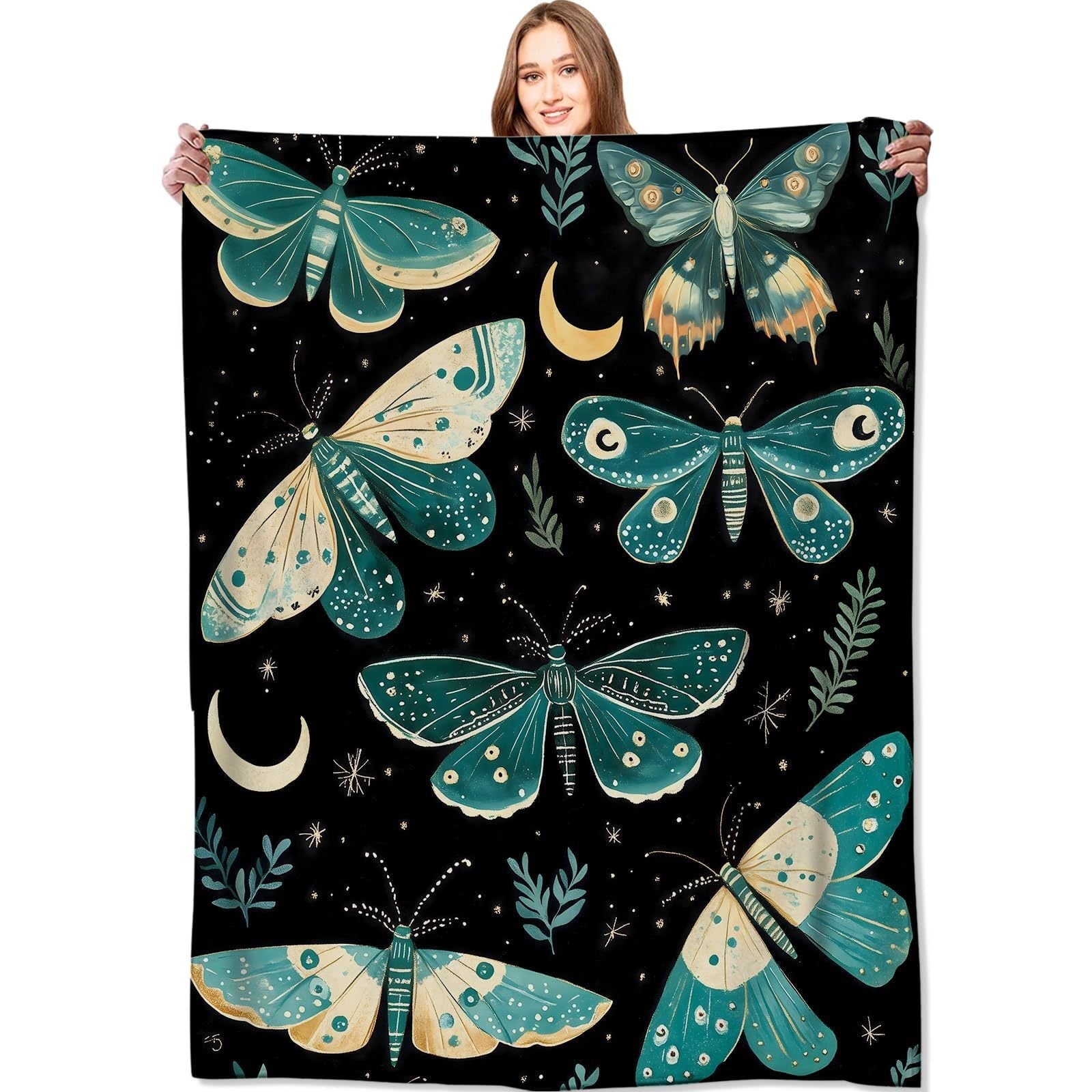 HKM-211219 Gothic Moth Moon Pattern Velvet Blanket - Multiple Sizes Available