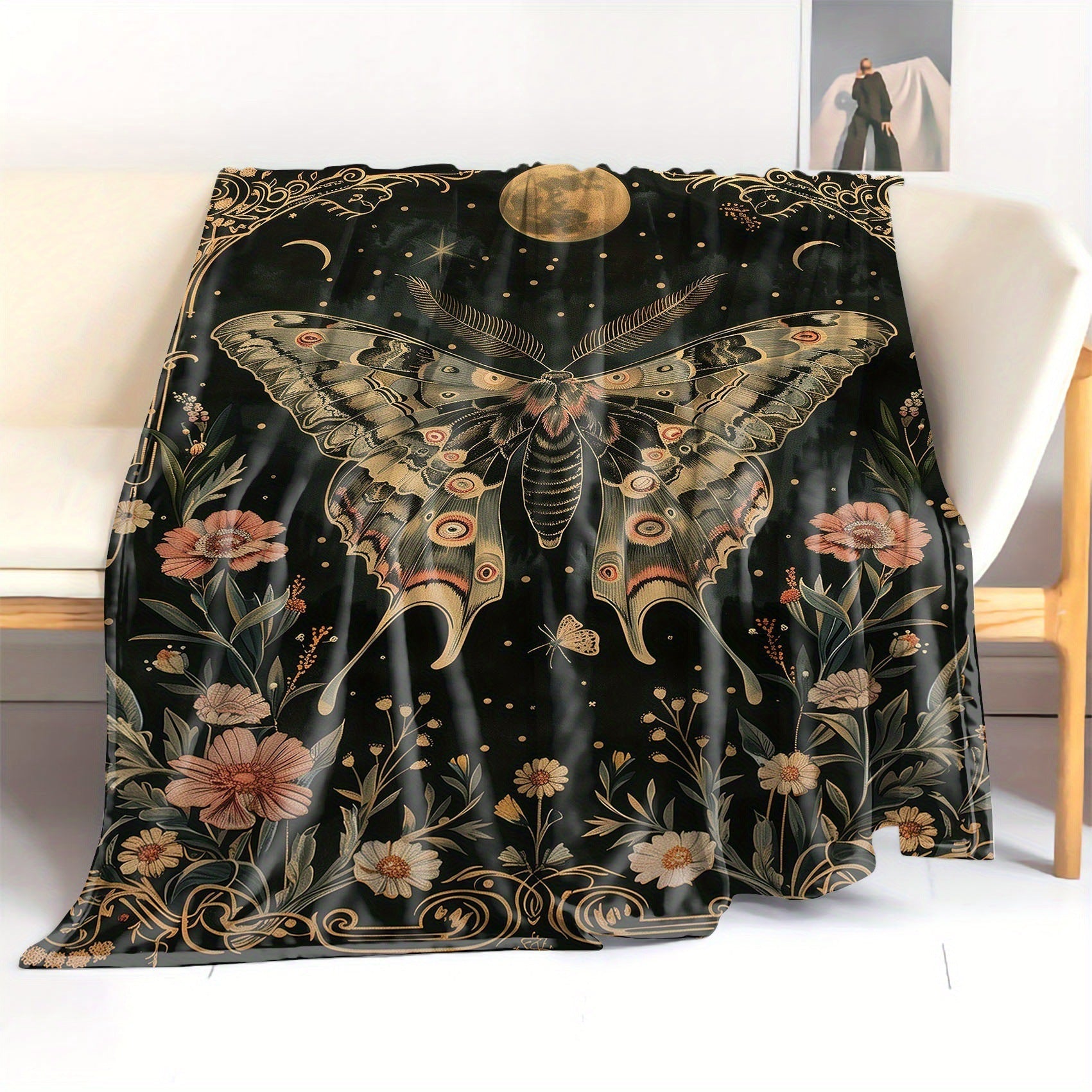 HKM-211219 Gothic Moth Moon Pattern Velvet Blanket - Multiple Sizes Available