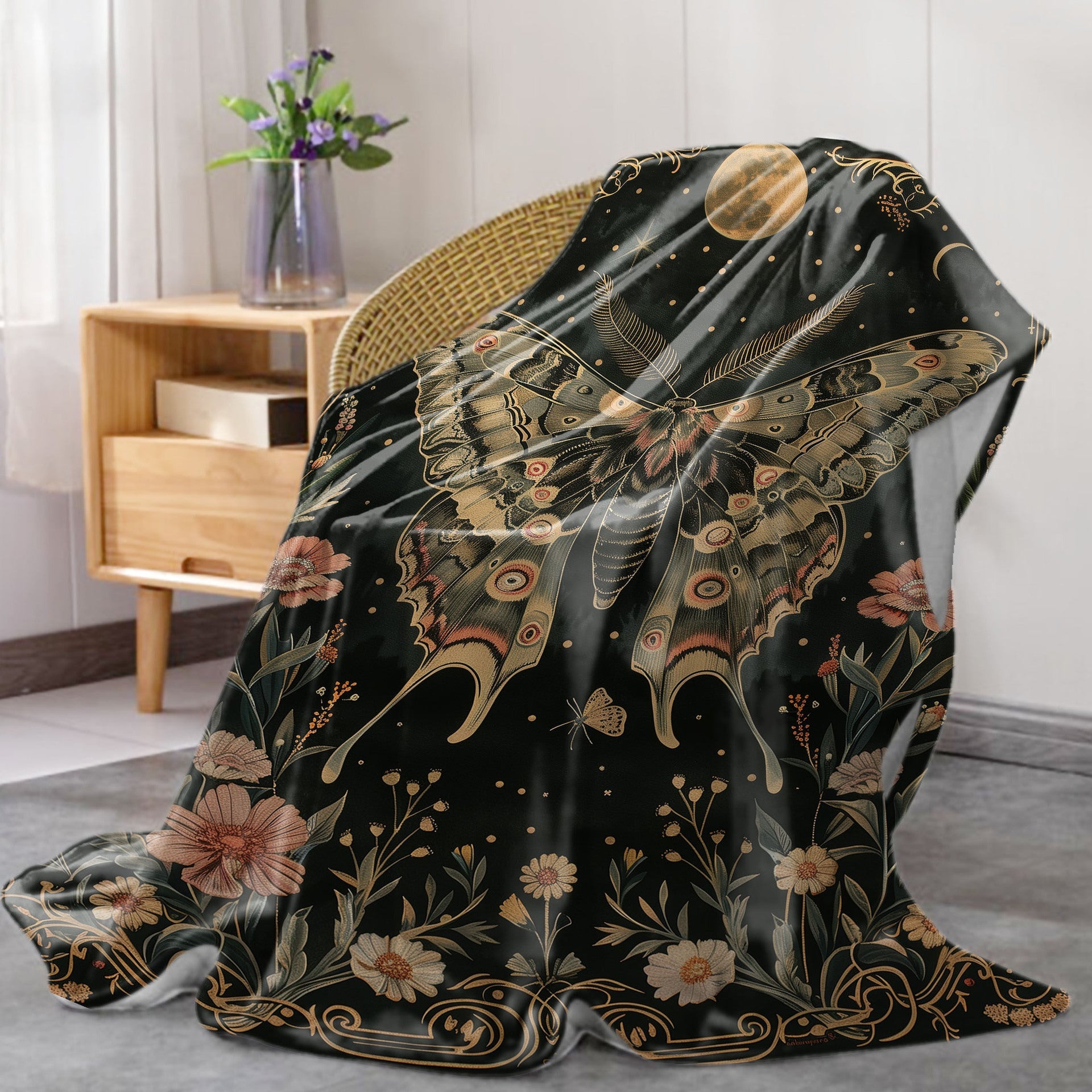 HKM-211219 Gothic Moth Moon Pattern Velvet Blanket - Multiple Sizes Available