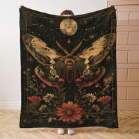 HKM-211219 Gothic Moth Moon Pattern Velvet Blanket - Multiple Sizes Available