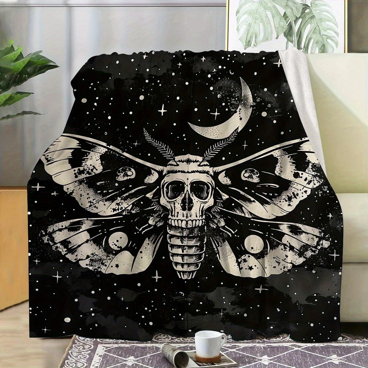 HKM-211219 Gothic Moth Moon Pattern Velvet Blanket - Multiple Sizes Available