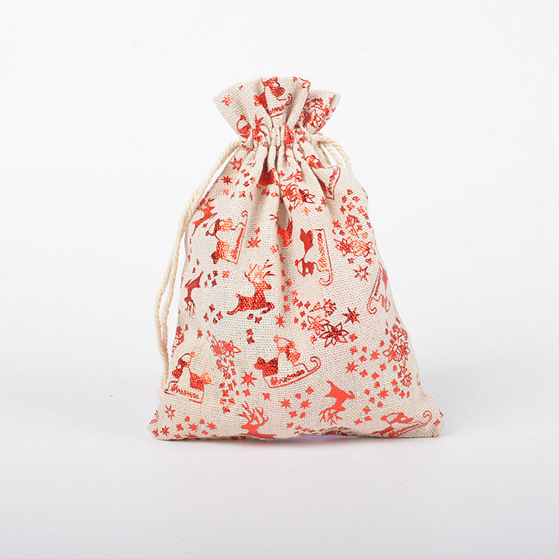 HKM-211347 Christmas Themed Cotton Linen Gift Packaging Bags, Handmade with Bronzing, 10x14cm & 13x18cm Sizes