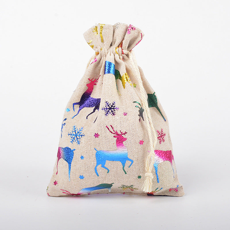 HKM-211347 Christmas Themed Cotton Linen Gift Packaging Bags, Handmade with Bronzing, 10x14cm & 13x18cm Sizes