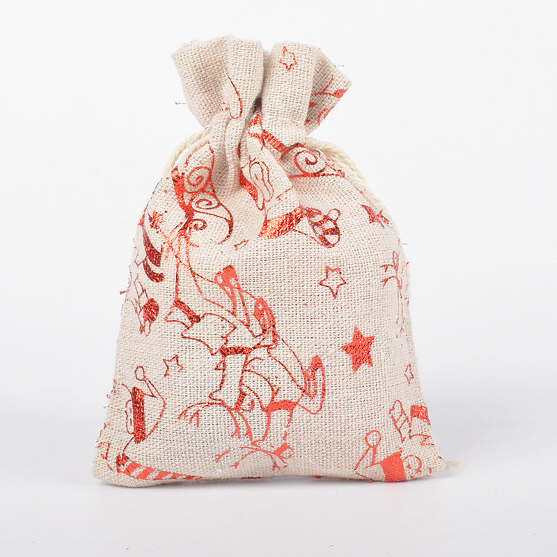 HKM-211347 Christmas Themed Cotton Linen Gift Packaging Bags, Handmade with Bronzing, 10x14cm & 13x18cm Sizes