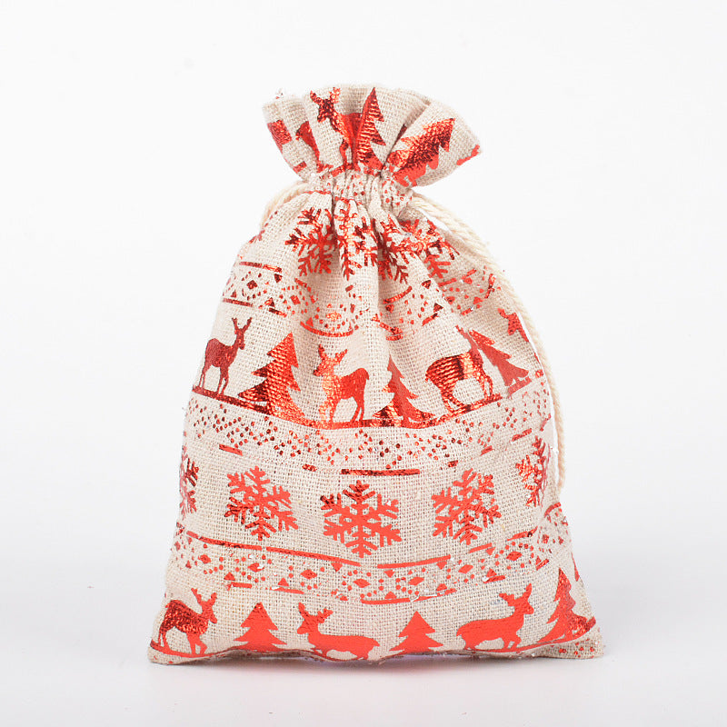 HKM-211347 Christmas Themed Cotton Linen Gift Packaging Bags, Handmade with Bronzing, 10x14cm & 13x18cm Sizes