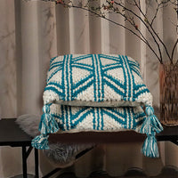 HKM-212371 Bohemian Cotton Tassel Cushion Pillowcase - Blue Weaving Design for Living Room and Bedroom