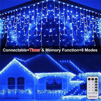 HKM-212499 Blue Icicle String Lights with 96 LEDs, 8 Flashing Modes, Waterproof, Remote Control, Ideal for Holiday Decorations