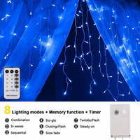 HKM-212499 Blue Icicle String Lights with 96 LEDs, 8 Flashing Modes, Waterproof, Remote Control, Ideal for Holiday Decorations