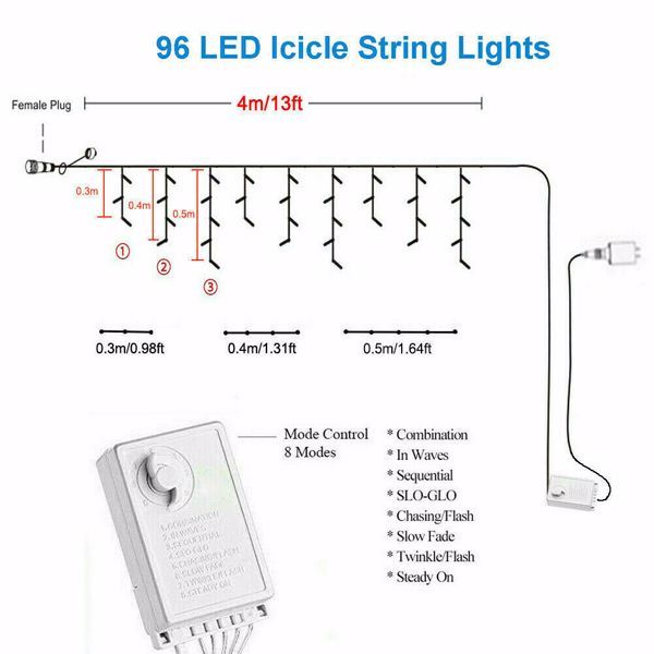 HKM-212499 Blue Icicle String Lights with 96 LEDs, 8 Flashing Modes, Waterproof, Remote Control, Ideal for Holiday Decorations