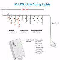 HKM-212499 Blue Icicle String Lights with 96 LEDs, 8 Flashing Modes, Waterproof, Remote Control, Ideal for Holiday Decorations