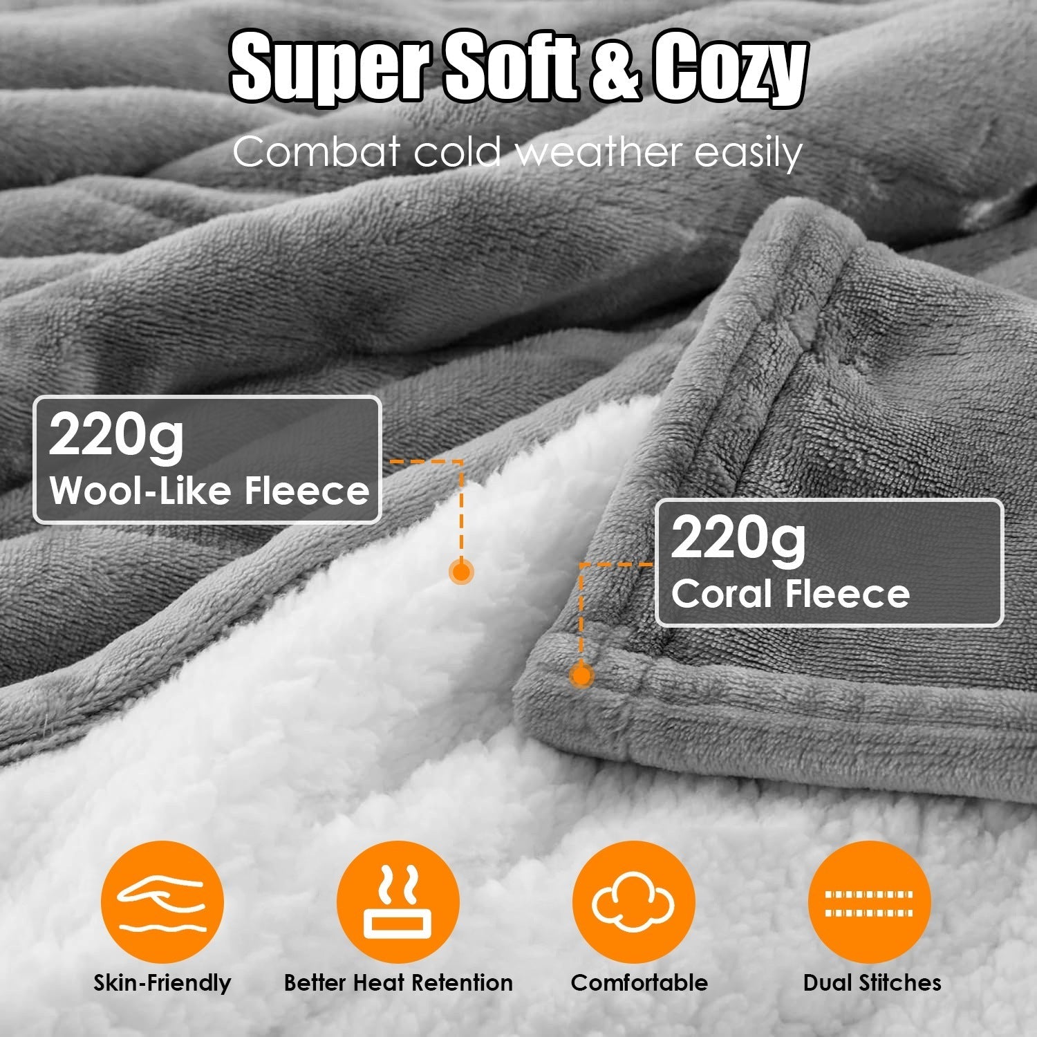 HKM-212691 Electric King Size Fleece Blanket with Dual Controllers, 10 Heat Levels, Auto Shut-Off, Machine Washable