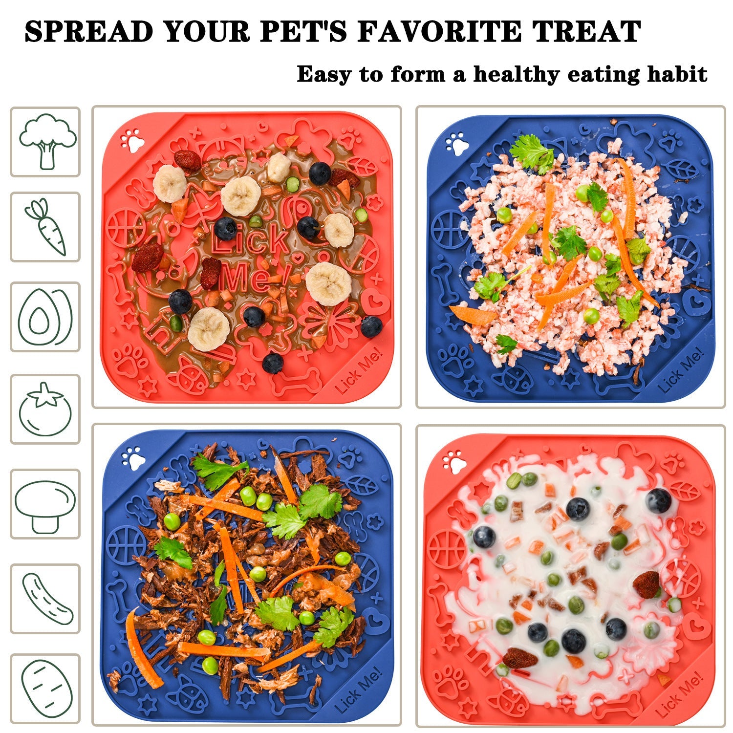 HKM-213011 Slow Feed Silicone Dog Mat - Red, Blue, or Red Blue with Scraper, 20x20cm