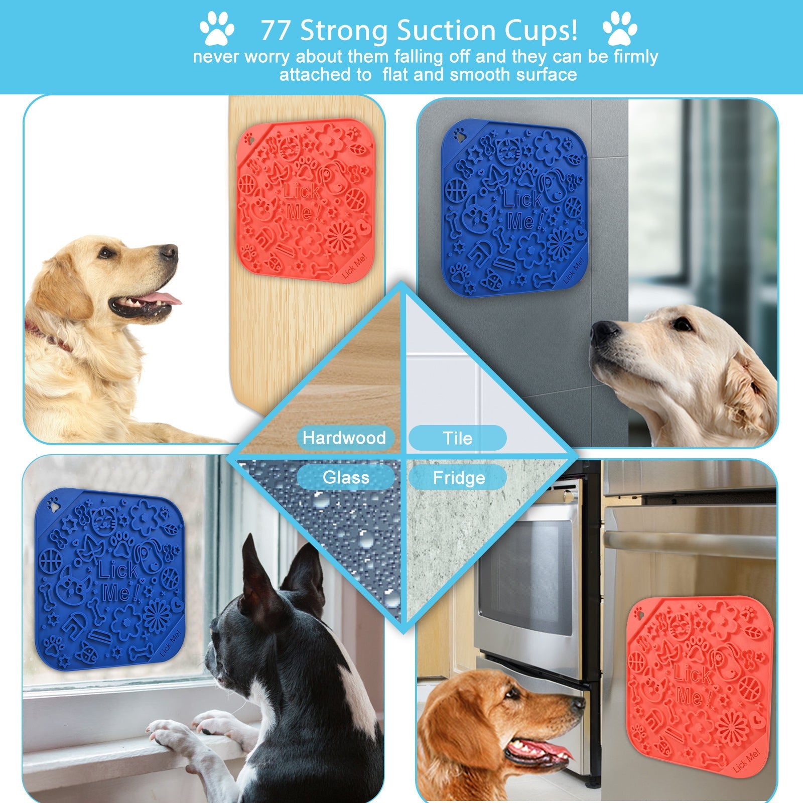 HKM-213011 Slow Feed Silicone Dog Mat - Red, Blue, or Red Blue with Scraper, 20x20cm