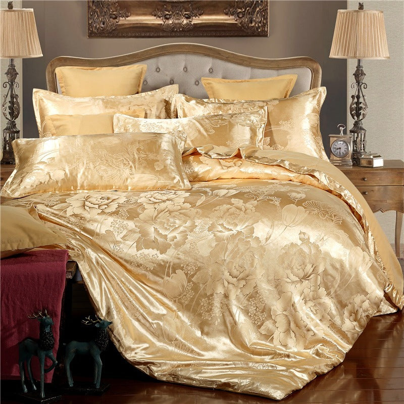 HKM-213139 Elegant Four-Piece Jacquard Bedding Set in Polyester Fiber - Quilt Cover, Sheets, and Pillowcases