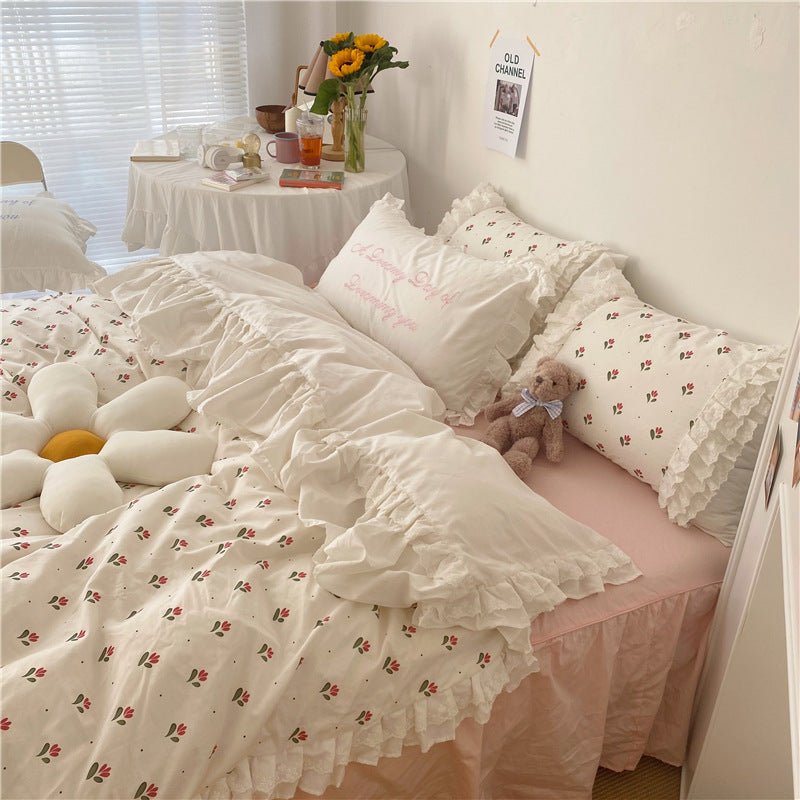 HKM-213523 Elegant Lace Cotton Ruffle Bedding Set – Available in Multiple Sizes and Floral Designs