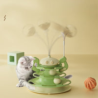 HKM-214163 Interactive Cat Toy with Rotating Plate, Feather, and Leaking Food - Four-Layer Tower for Endless Entertainment