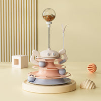 HKM-214163 Interactive Cat Toy with Rotating Plate, Feather, and Leaking Food - Four-Layer Tower for Endless Entertainment