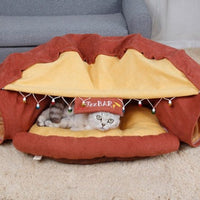 HKM-214355 Cat Tunnel Interactive Play Toy with Sleeping Mat - Collapsible Indoor Exercise for Kittens and Small Pets