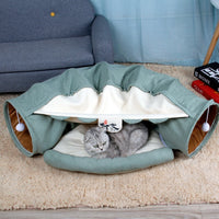 HKM-214355 Cat Tunnel Interactive Play Toy with Sleeping Mat - Collapsible Indoor Exercise for Kittens and Small Pets