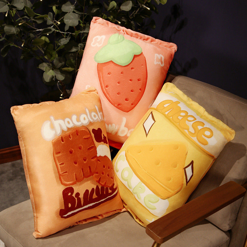 HKM-214483 Cartoon Fruit Snack Pillow – Double-sided Plush Cushion in Pink Strawberry, Coffee Cake, Yellow Cheese
