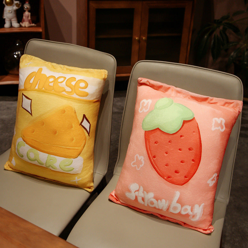 HKM-214483 Cartoon Fruit Snack Pillow – Double-sided Plush Cushion in Pink Strawberry, Coffee Cake, Yellow Cheese