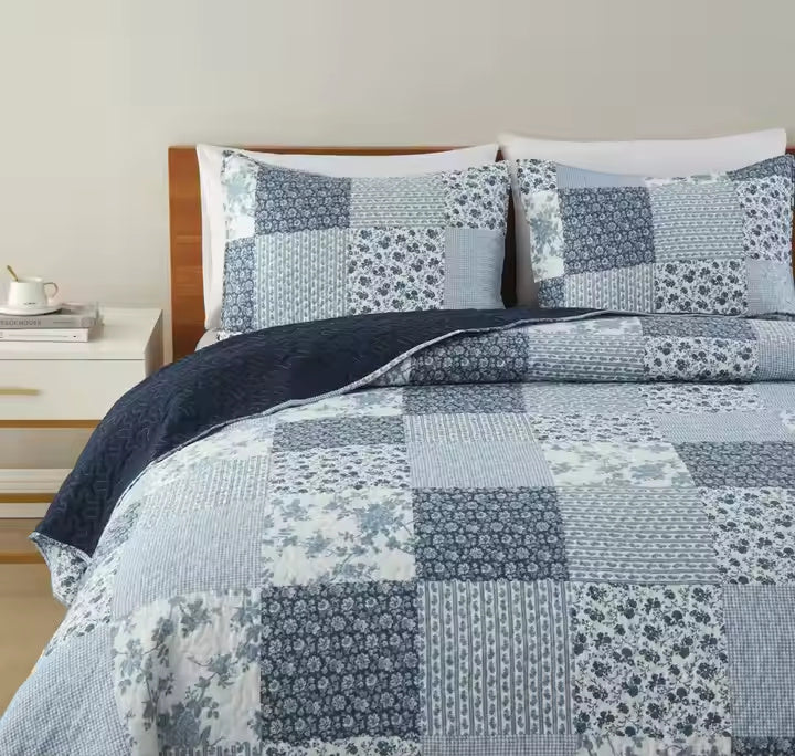 HKM-214675 Water Washable Pure Cotton Geometric Pattern 3-Piece Bed Cover Set for 1.8m Bed