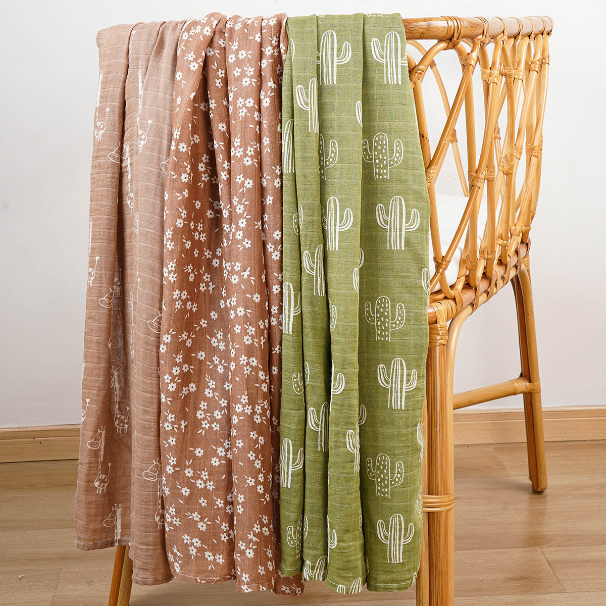 KTX-214931 3-Piece Baby Swaddling Blanket Set - 2-Layer Bamboo Fiber in Various Patterns for Summer Use