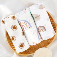 HKM-214931 3-Piece Baby Swaddling Blanket Set - 2-Layer Bamboo Fiber in Various Patterns for Summer Use