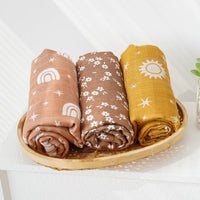 HKM-214931 3-Piece Baby Swaddling Blanket Set - 2-Layer Bamboo Fiber in Various Patterns for Summer Use
