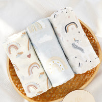 HKM-214931 3-Piece Baby Swaddling Blanket Set - 2-Layer Bamboo Fiber in Various Patterns for Summer Use