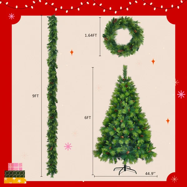 KTX-215123 6FT Pre-Lit Artificial Pine Christmas Tree with Large Branches and Grass Green Wreath & Garland Set, Model D0100HA6VFGD0102HQW8MY
