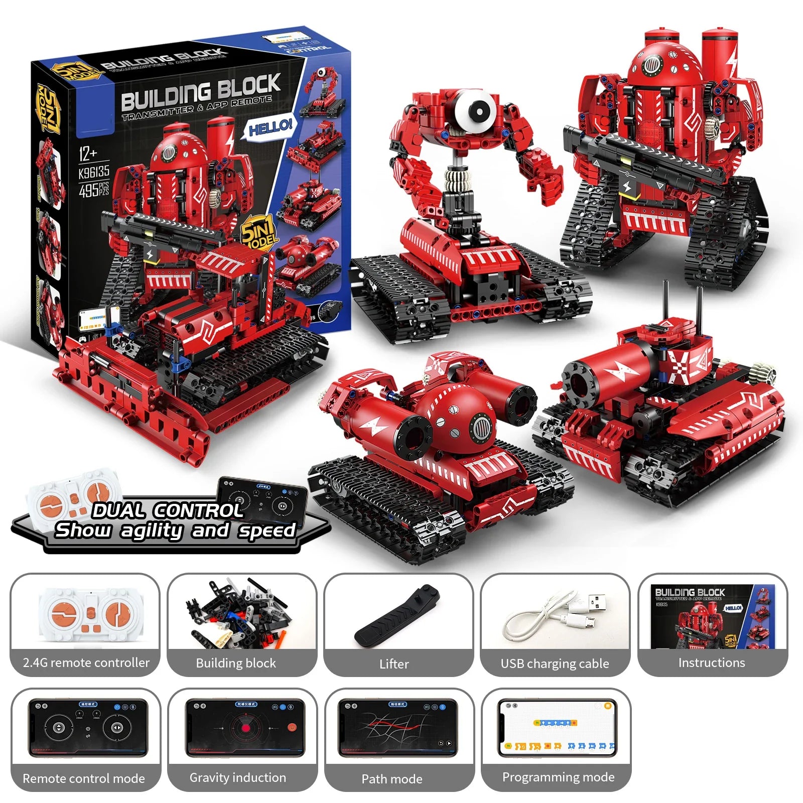 KTX-215251 STEM Robot Building Block Construction Toy for Kids - 5-in-1 Remote Control Assembly Kit