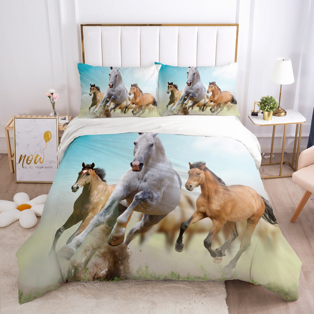 HKM-215507 3D Digital Printed Polyester Fiber Bedding Set with Quilt Cover and Pillowcase - Various Horse Designs