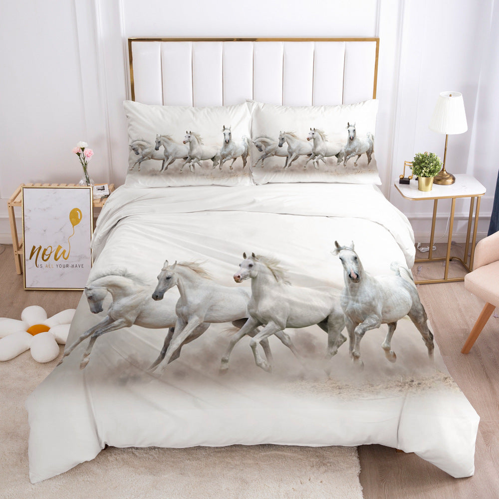 HKM-215507 3D Digital Printed Polyester Fiber Bedding Set with Quilt Cover and Pillowcase - Various Horse Designs