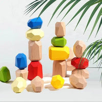 HKM-215507 Wooden Rainbow Stone Stacking Blocks for Kids - Montessori Educational Toy