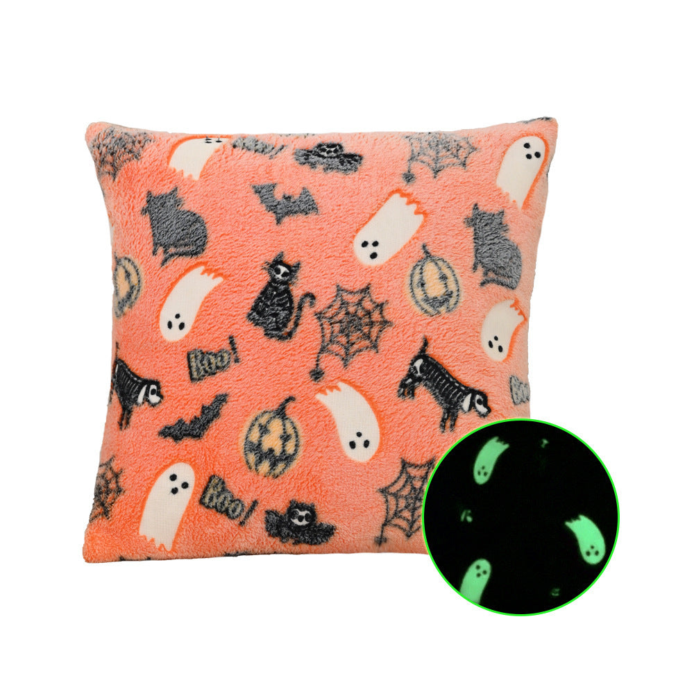 HKM-215635 Luminous Flannel Pillow Cover - Black Ghost, Orange Ghost Cat, Gray Pumpkin Bat & More (45x45cm)