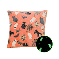 HKM-215635 Luminous Flannel Pillow Cover - Black Ghost, Orange Ghost Cat, Gray Pumpkin Bat & More (45x45cm)