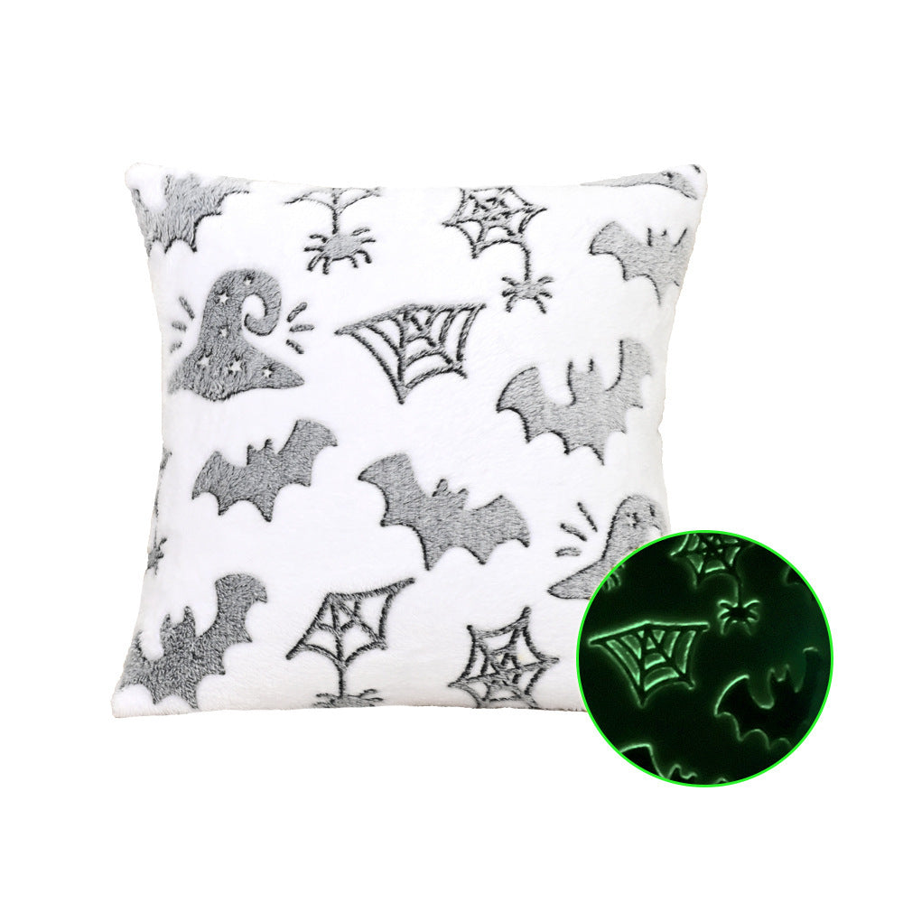 HKM-215635 Luminous Flannel Pillow Cover - Black Ghost, Orange Ghost Cat, Gray Pumpkin Bat & More (45x45cm)