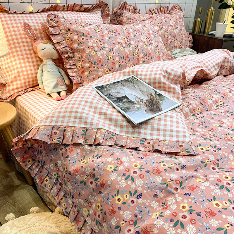HKM-215827 Elegant Four-Piece Cotton Bedding Set in Summer Princess Style with Floral Patterns for 1.2m to 2.0m Beds