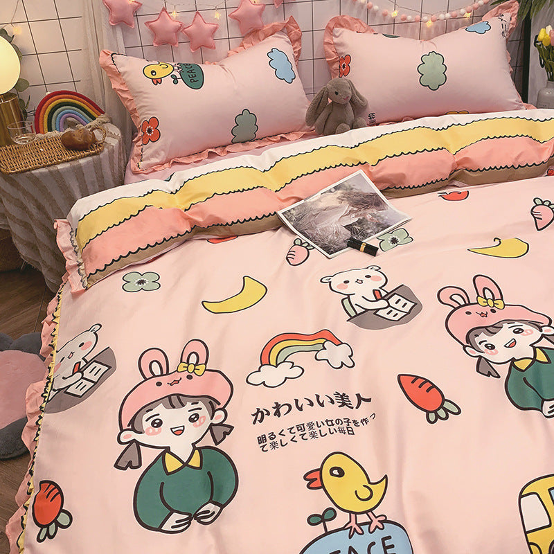HKM-215827 Elegant Four-Piece Cotton Bedding Set in Summer Princess Style with Floral Patterns for 1.2m to 2.0m Beds