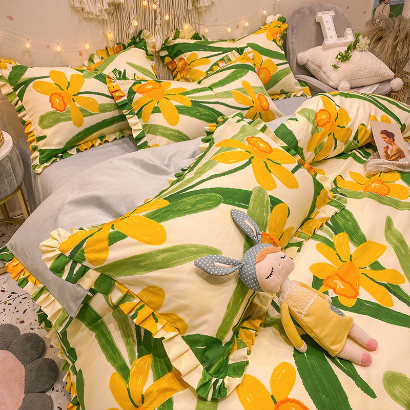 HKM-215827 Elegant Four-Piece Cotton Bedding Set in Summer Princess Style with Floral Patterns for 1.2m to 2.0m Beds