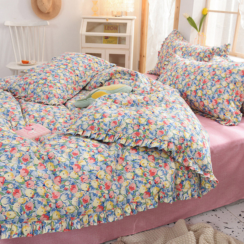 HKM-215827 Elegant Four-Piece Cotton Bedding Set in Summer Princess Style with Floral Patterns for 1.2m to 2.0m Beds