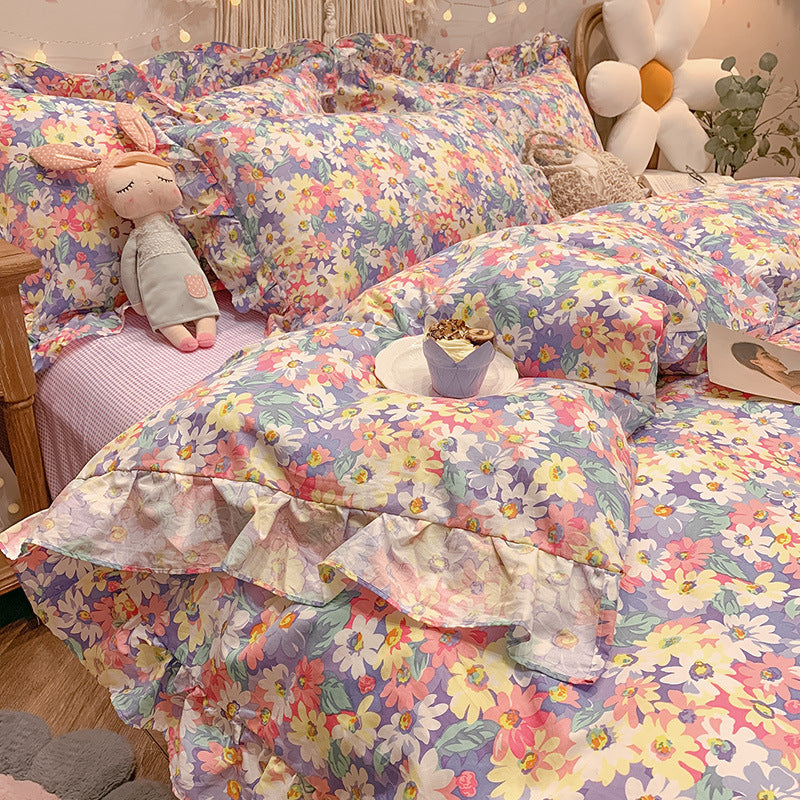 HKM-215827 Elegant Four-Piece Cotton Bedding Set in Summer Princess Style with Floral Patterns for 1.2m to 2.0m Beds
