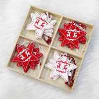 HKM-216275 Wooden Christmas Pendant Decorations - Set of 5 Rustic Holiday Ornaments in Red and White - European Style Decor