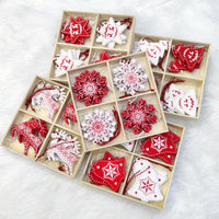 HKM-216275 Wooden Christmas Pendant Decorations - Set of 5 Rustic Holiday Ornaments in Red and White - European Style Decor