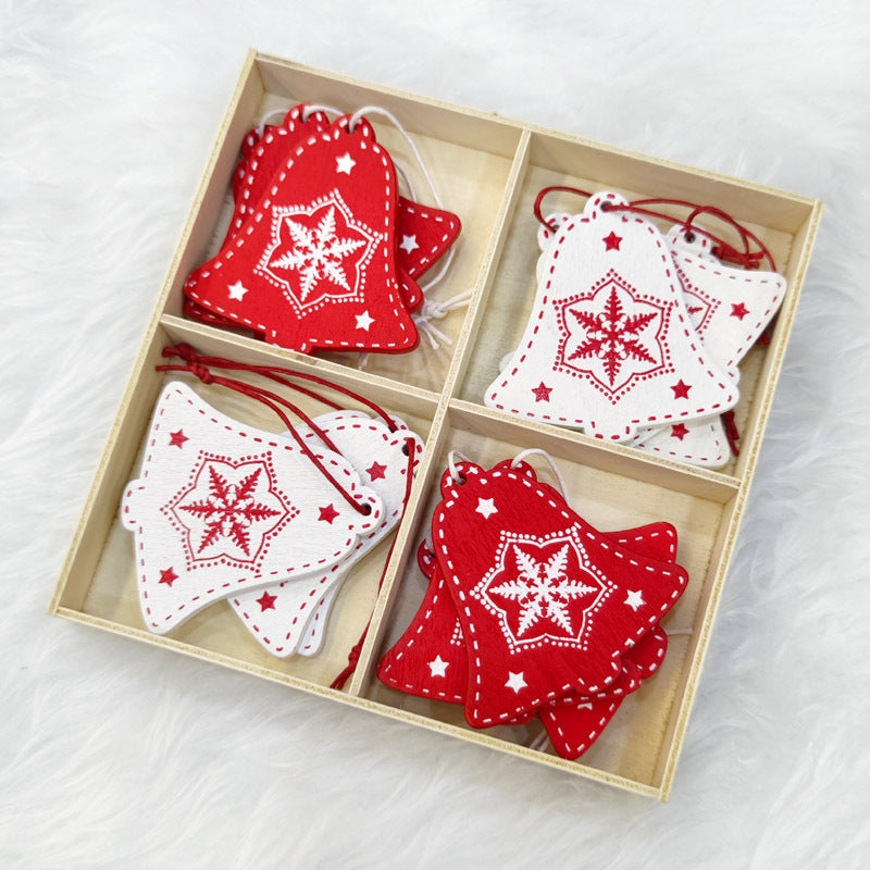 HKM-216275 Wooden Christmas Pendant Decorations - Set of 5 Rustic Holiday Ornaments in Red and White - European Style Decor